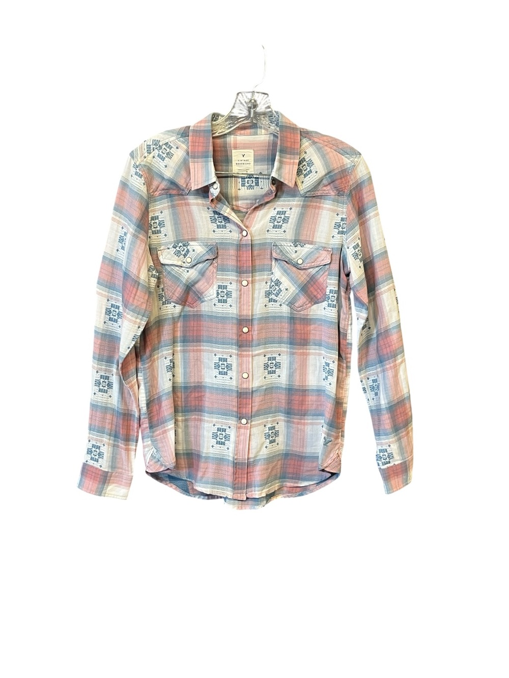 American Eagle Vintage Boyfriend Plaid Western Snap Shirt Women’s S Pink Blue